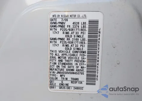 2009 Nissan Rogue Sl z USA, uszkodzony, nr VIN JN8AS58V89W450795